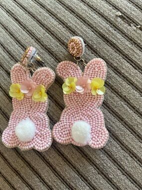 Kids Pink Bunny Beaded Earrings with Yellow Flower Accents
